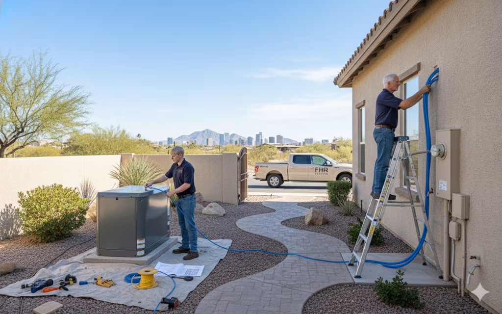 Two technicians install or service HVAC equipment outside a house—one on a ladder, the other by the unit, with tools and a company truck nearby. They also handle commercial panel upgrades for seamless electrical integration.