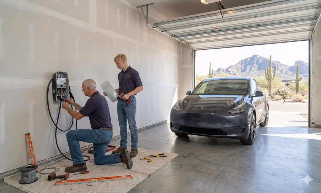 Two men perform a Tesla Charger installation in a garage beside a parked car, with tools spread on the floor. A wall-mounted unit takes shape as the desert landscape unfolds outside.