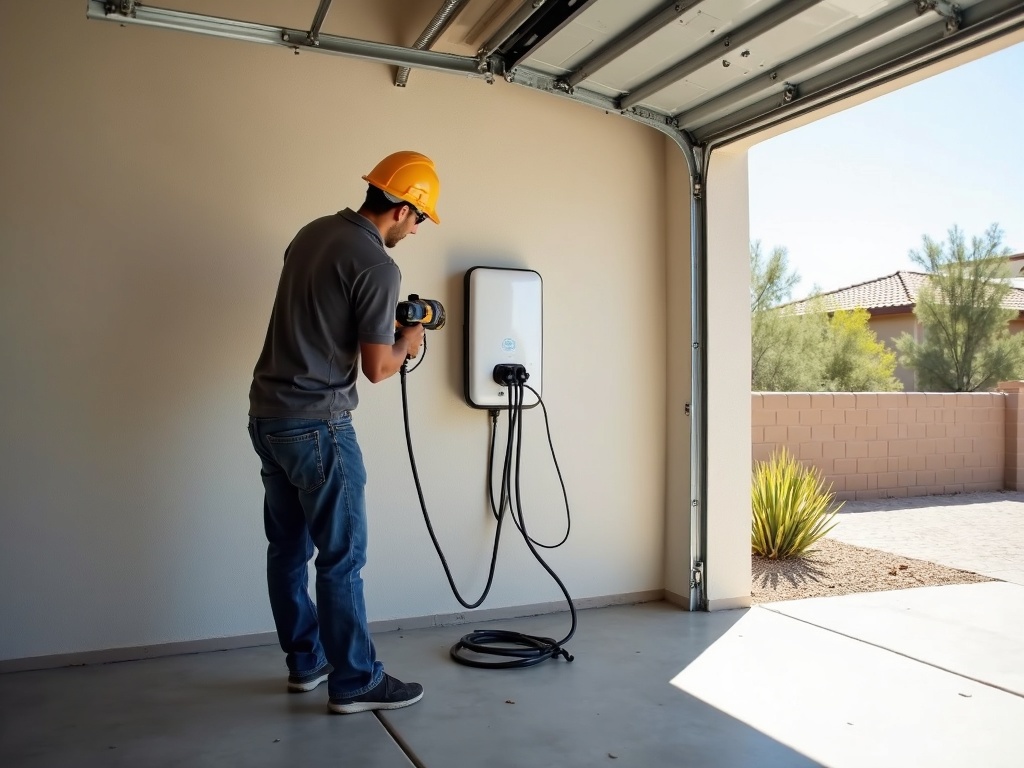 Gilbert, AZ A licensed electrician in Gilbert AZ completing an EV charger installation in a Morrison Ranch area home garage