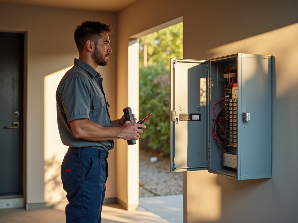 Chandler, AZ A licensed electrician inspecting a residential electrical panel — the kind of electrician in Chandler AZ homeowners trust for safe panel upgrades and heat-season readiness