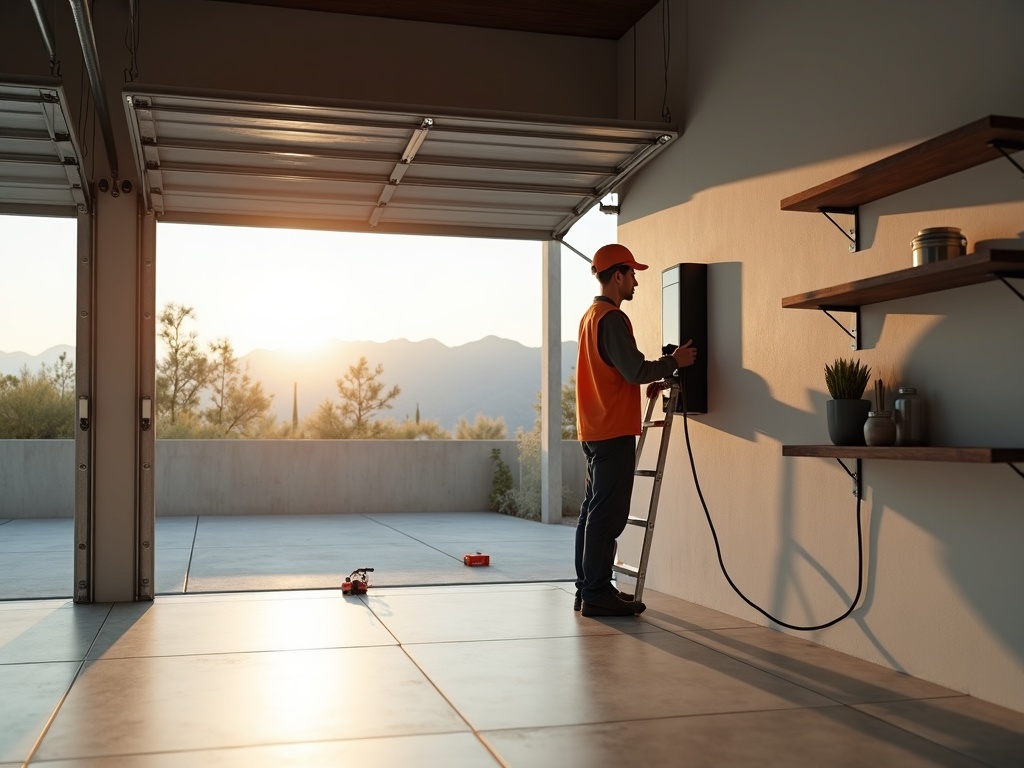 Chandler, AZ An electrician in Chandler AZ installing a Level 2 EV charger in a luxury Fulton Ranch home garage, reflecting the city's growing electric vehicle infrastructure demand