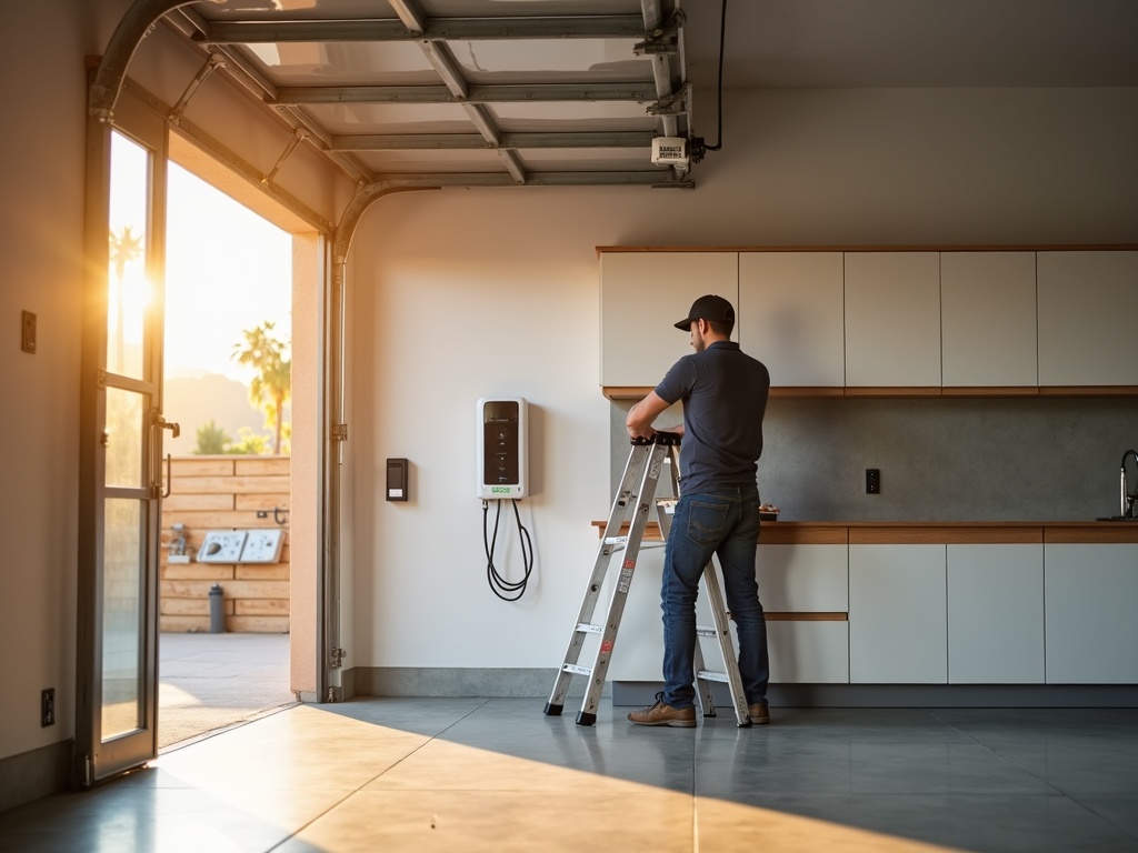 Buckeye, AZ A licensed electrician providing electrician in Buckeye AZ by installing a Level 2 EV charger inside a bright modern garage in Verrado, Buckeye, AZ