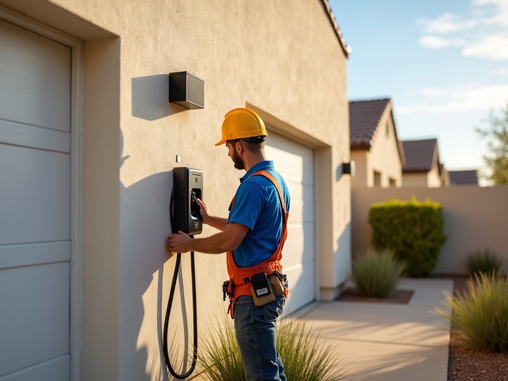 Mesa, AZ An electrician completing a bidirectional EV charger wiring installation as part of electrician in Mesa AZ services in the Eastmark community near Power Road