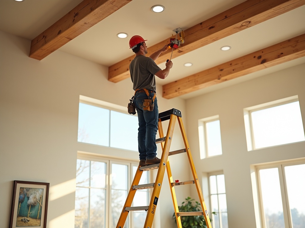 Chandler Heights, AZ A professional electrician completing a lighting installation in a spacious Chandler Heights custom home with desert-modern finishes near Chandler Heights Road