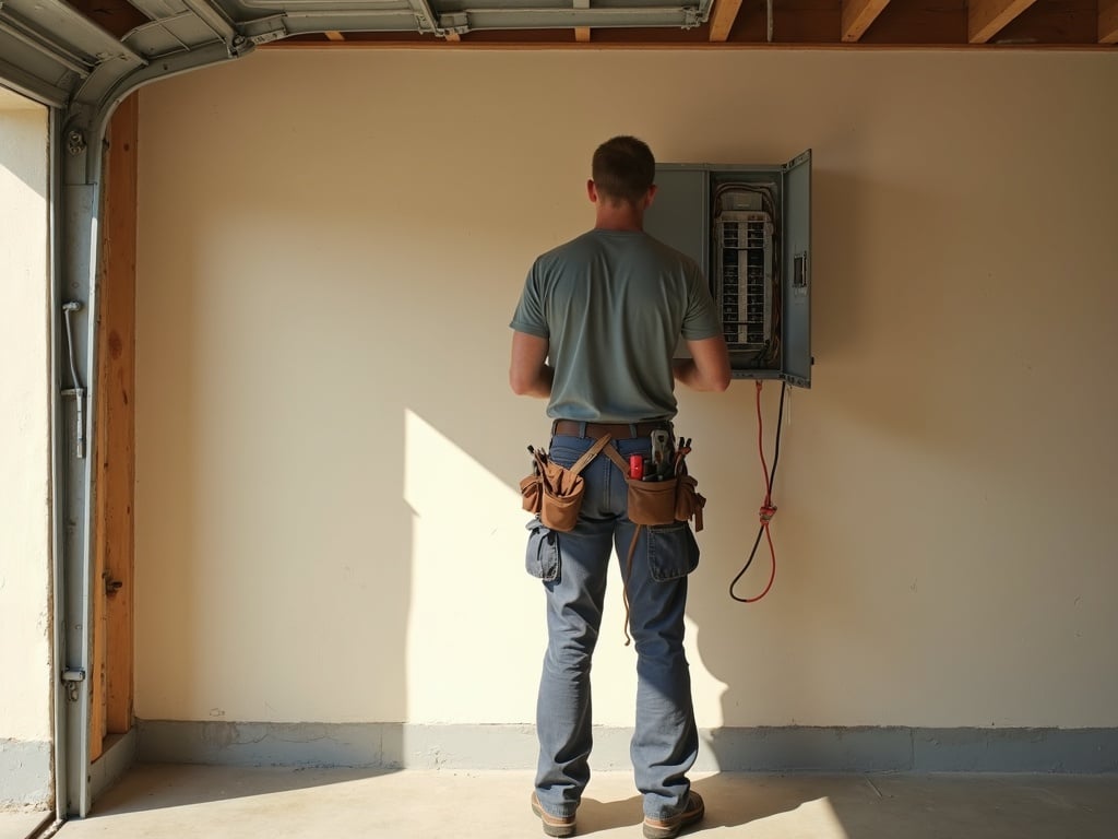 Glendale, AZ Licensed electrician performing an electrical contractor Glendale AZ panel upgrade in an Arrowhead Ranch area home garage