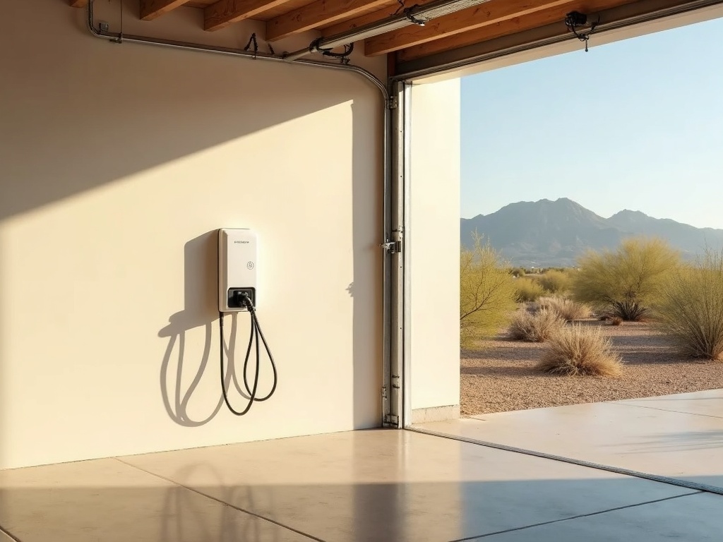 Chandler Heights, AZ Completed lighting installation and EV charger setup in the garage of a Chandler Heights estate home near Power Road and Ellsworth Road