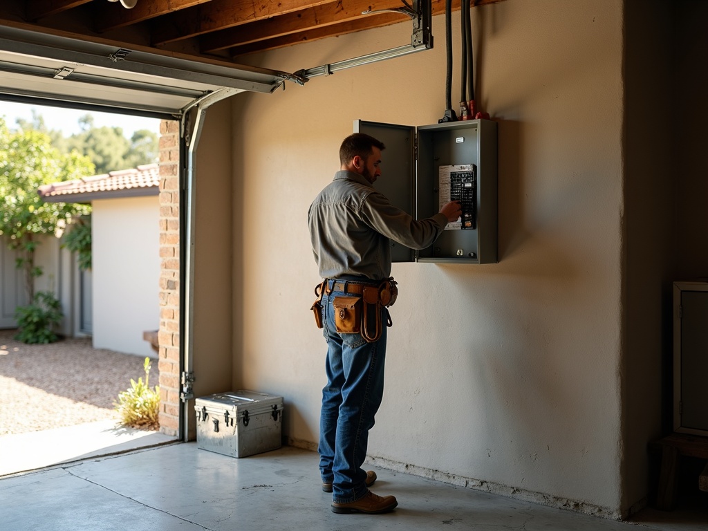 A licensed electrician in Laveen AZ replacing an electrical panel inside a stucco home garage in the Laveen Meadows neighborhood near South Mountain