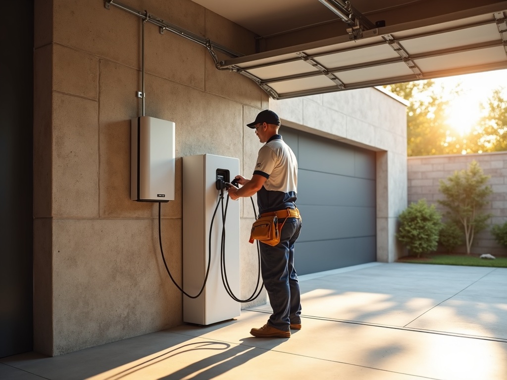 A licensed electrician performing electrical contractor Carefree AZ work, installing an EV charger in a high-end gated-community garage near Black Mountain Foothills