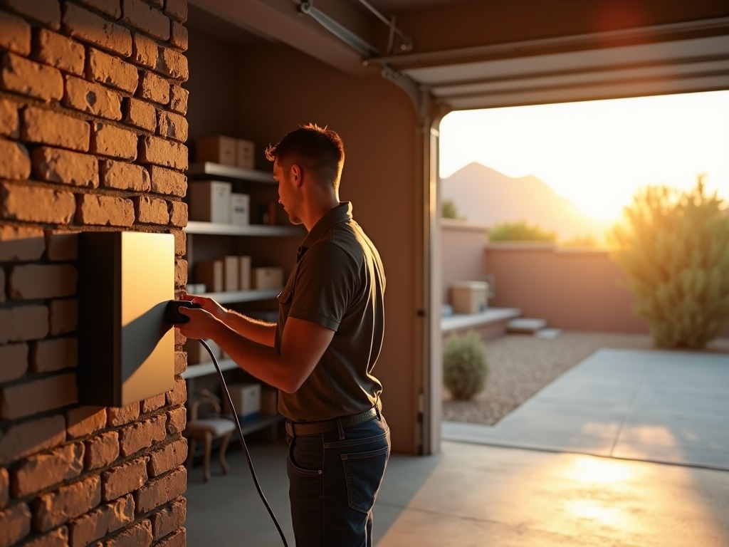 An electrician in Laveen AZ completing a Level 2 EV charger installation in a residential garage in the Rogers Ranch neighborhood off Dobbins Road
