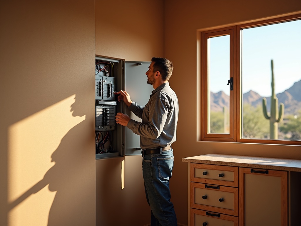 An expert electrical contractor Carefree AZ completing a panel upgrade inside a luxury estate home near Tom Darlington Drive in Carefree, Arizona