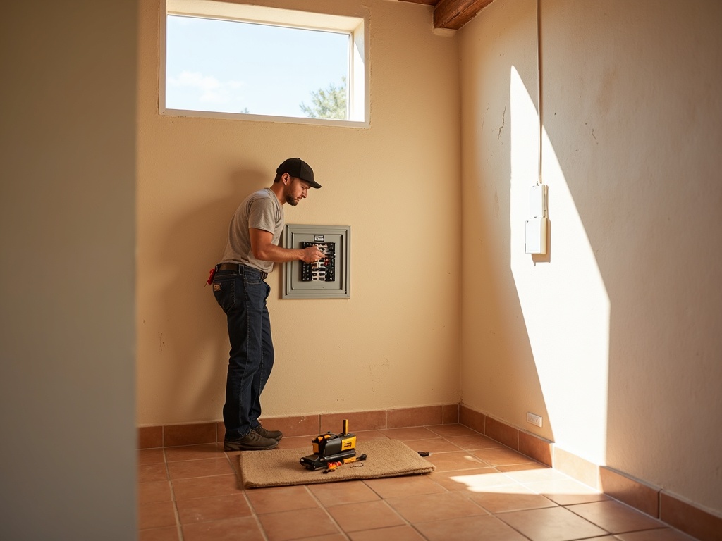 Paradise Valley, AZ An electrician in Paradise Valley AZ performing a panel inspection and power upgrade service at a luxury residence near Camelback Road and Invergordon Road