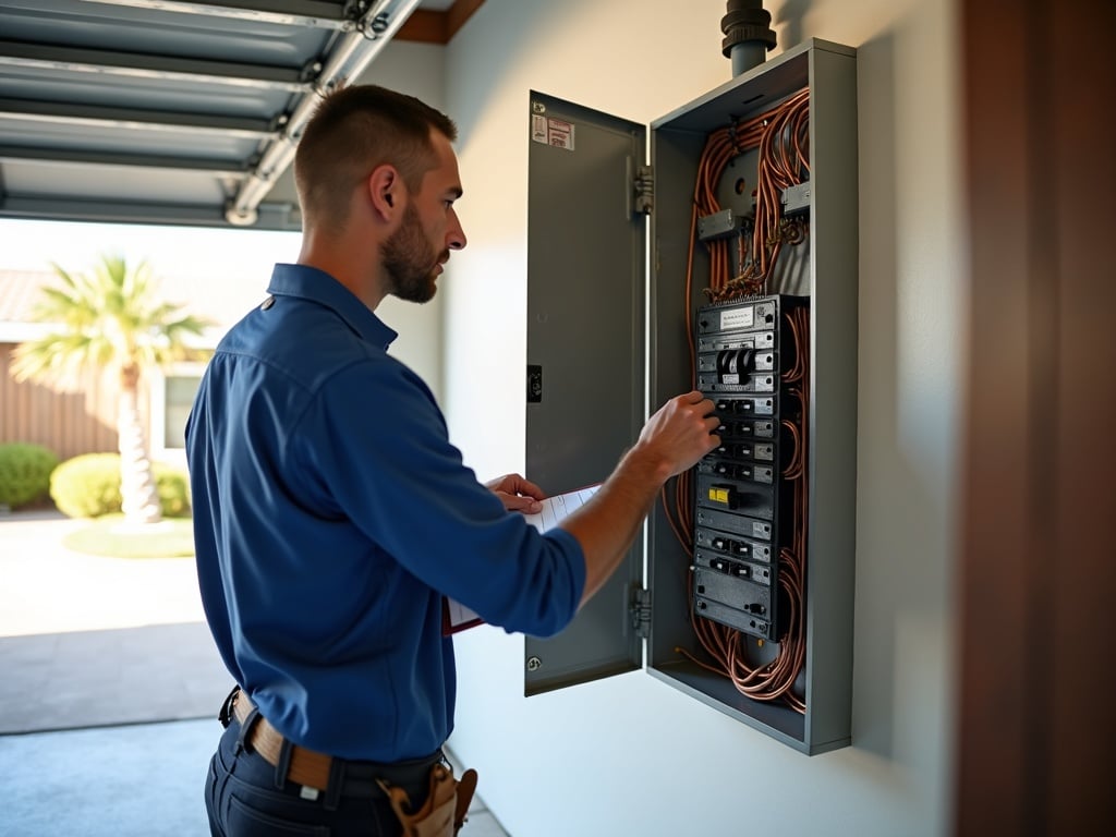 Higley, AZ A licensed electrician completing a home electrical panel upgrade for a homeowner in the Cooley Station neighborhood of Higley, AZ