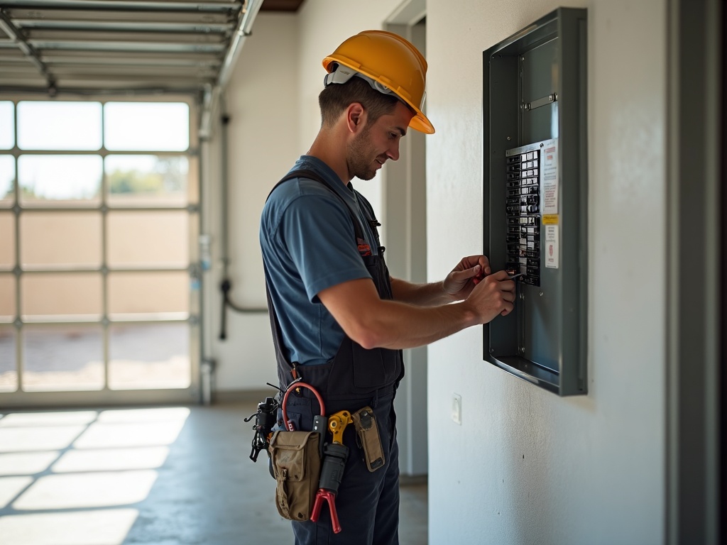 Licensed electrician performing an electrician in Scottsdale AZ service upgrading a residential electrical panel in a North Scottsdale home garage