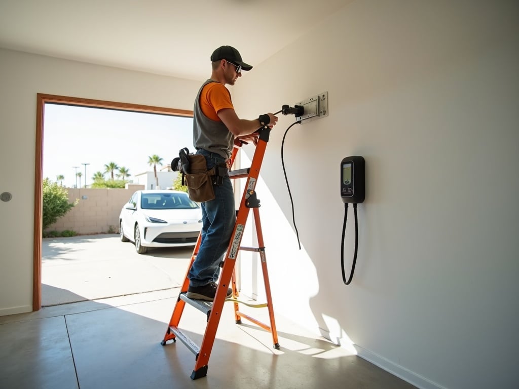 Higley, AZ An electrician installing a hardwired Level 2 EV charger in a new-construction home garage in the Lakeview Trails area of Higley, AZ