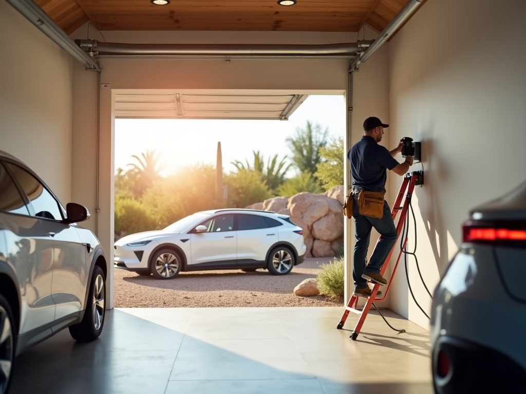 Electrician completing an electrician in Scottsdale AZ EV charger installation in the garage of a McCormick Ranch luxury home