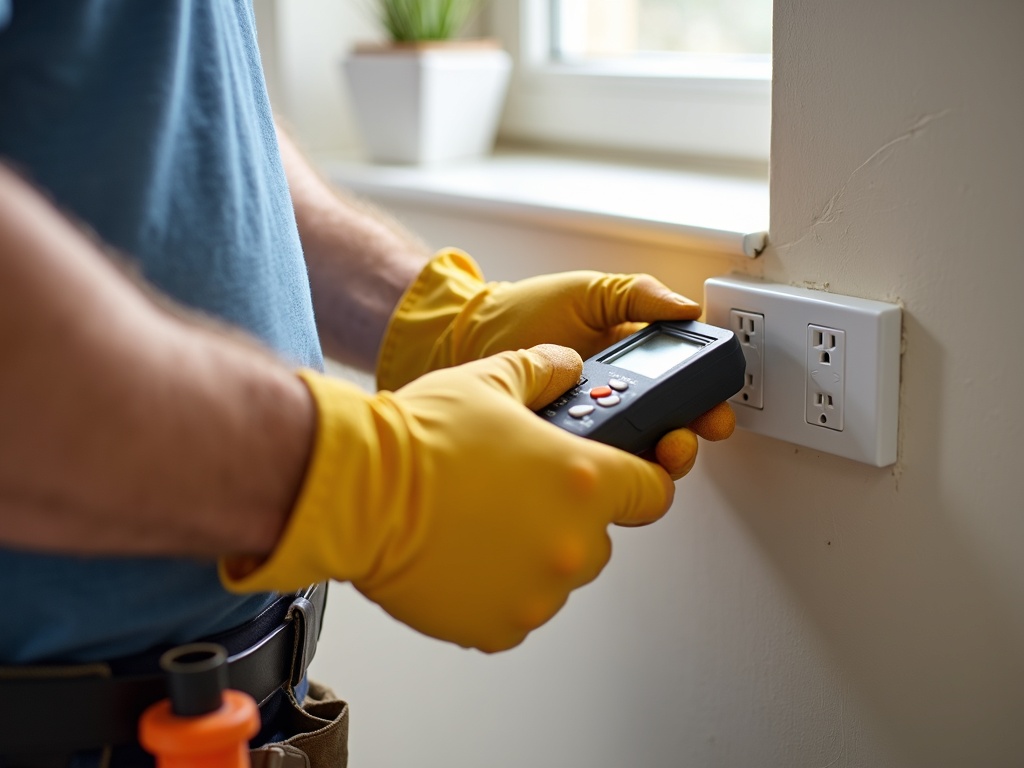 Electrical Repairs A professional electrician conducting electrical repairs on a residential wall outlet using a voltage tester inside a Scottsdale home