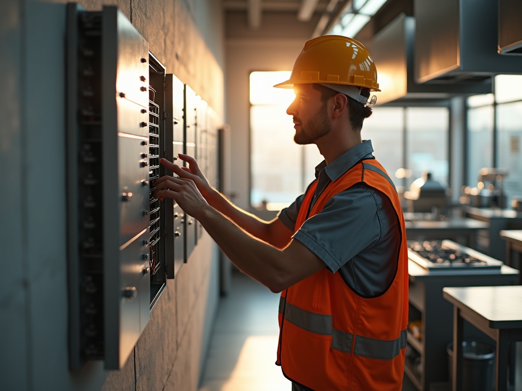 Electrical Repairs A licensed electrician completing commercial electrical repairs on a breaker panel inside a Scottsdale area restaurant kitchen