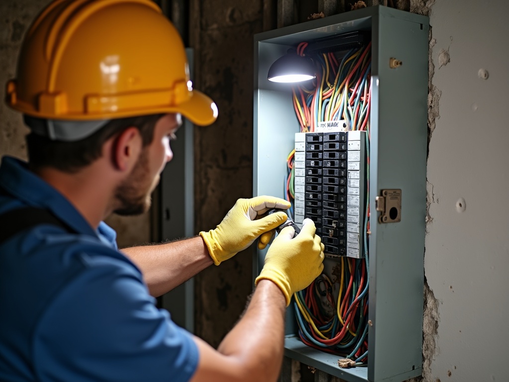 Electrical Panels & Power Upgrades Close-up of an electrician's hands carefully wiring circuit breakers inside a residential panel during an electrical panels and power upgrades installation