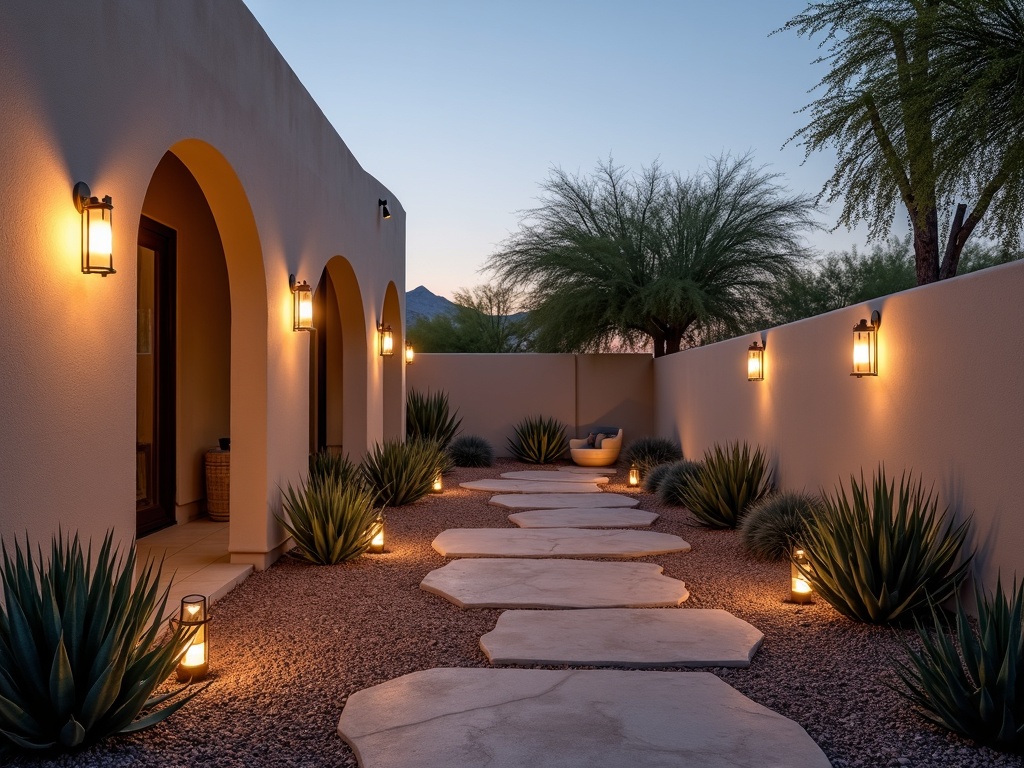 Lighting Installation Professional outdoor lighting installation on the patio and pathway of a luxury home in Scottsdale Arizona at dusk