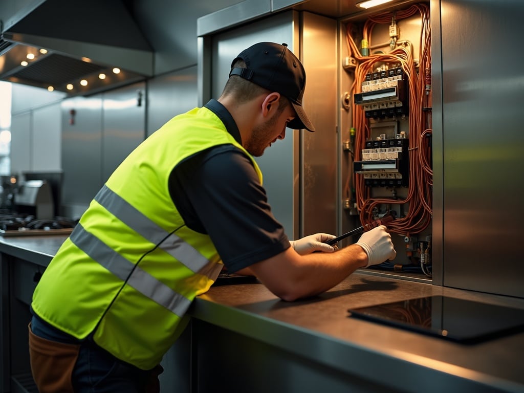 Emergency Electrical Repairs A professional electrician performing emergency electrical repairs at the panel of a commercial business space, restoring safe power with no downtime.