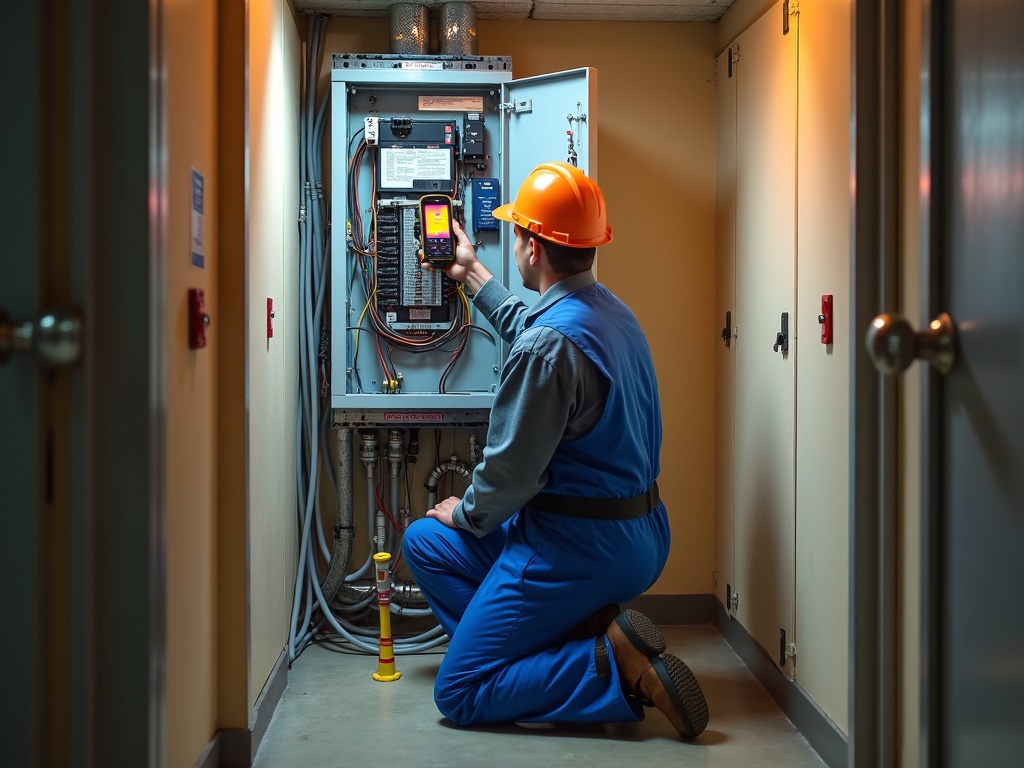 Electrical Panel Repair & Replacement A licensed electrician using thermal imaging equipment during an electrical panel repair and replacement diagnostic at a commercial property in Maricopa County.