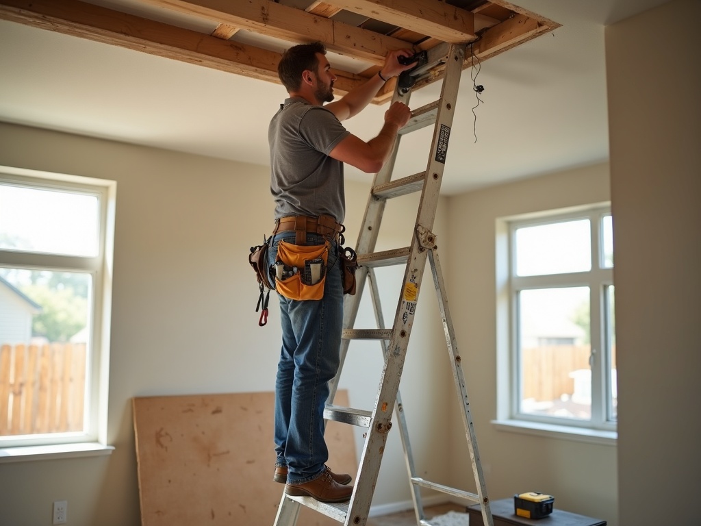 Indoor Lighting Installation A professional electrician completing an indoor lighting installation by connecting recessed fixture wiring in an open ceiling during a remodel project