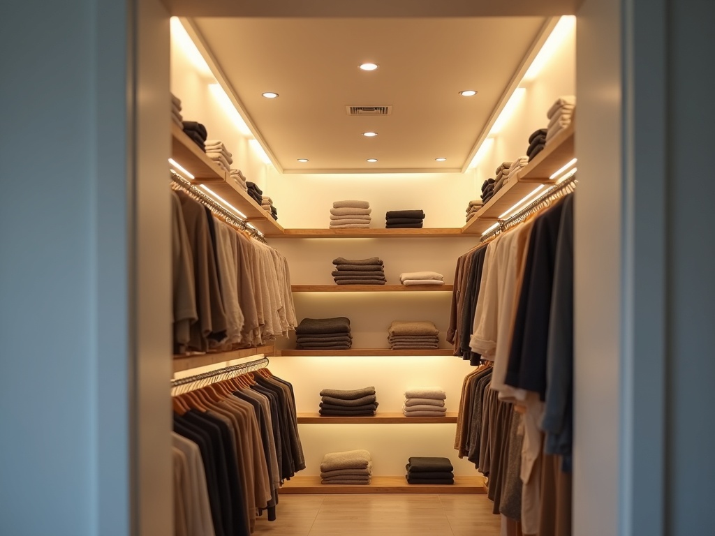 Indoor Lighting Installation Completed indoor lighting installation in a spacious walk-in closet featuring LED recessed ceiling lights and strip lighting along built-in shelving