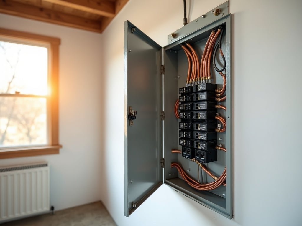Newly upgraded electrical panel installed as part of a whole home rewiring home electrical services project showing neatly organized breakers and clean copper wiring