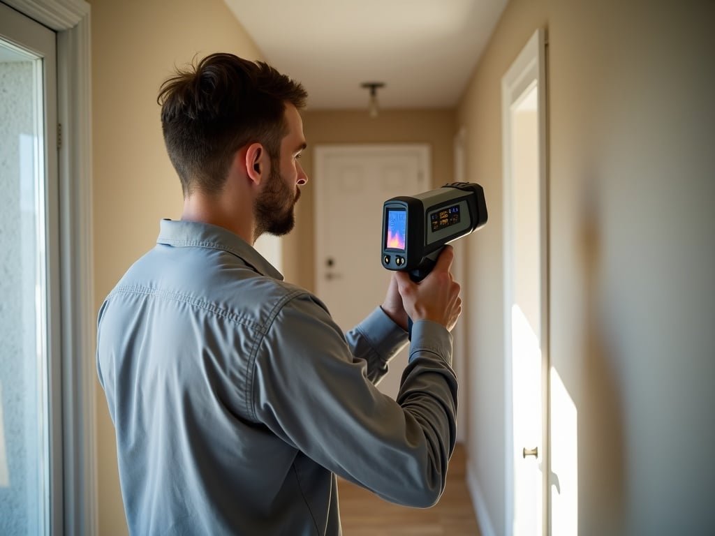 Electrician using thermal imaging camera during a whole home rewiring home electrical services inspection to detect hidden hotspots behind finished walls in a Scottsdale home