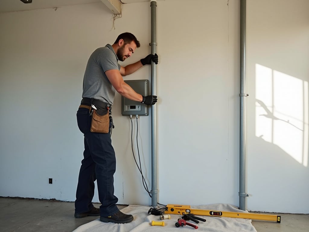 A skilled electrician routing conduit during a residential EV charger installation job, preparing a dedicated 240V circuit in a clean suburban garage