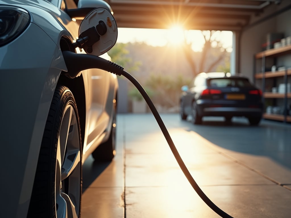 An electric vehicle connected to a properly installed charging cable as part of a complete EV charger installation in a well-maintained Maricopa County home garage