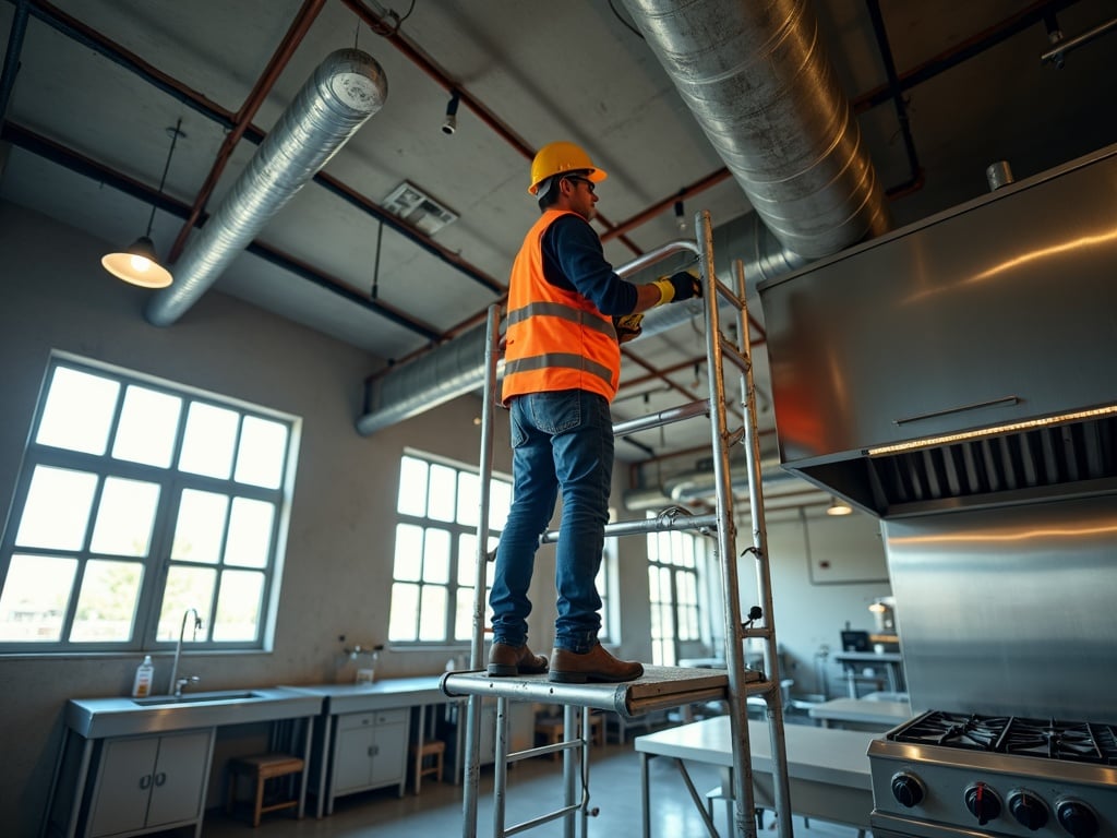 Commercial Electrical Installation A professional electrician completing commercial electrical installation services in a commercial kitchen, routing conduit above stainless steel prep stations