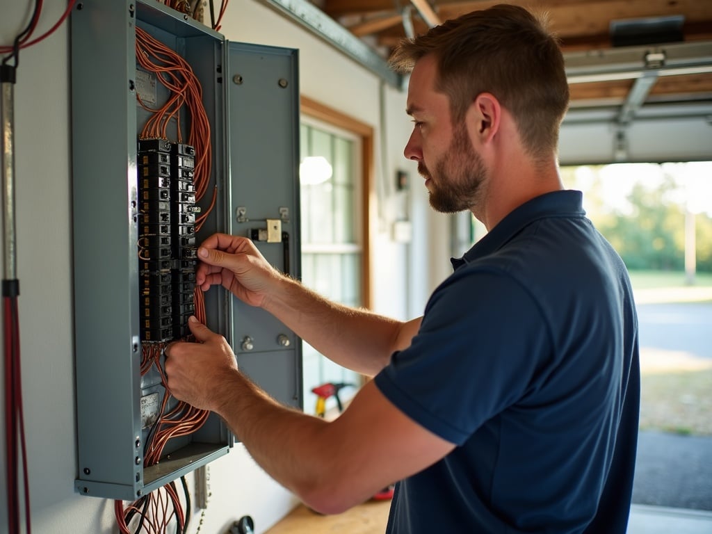 A licensed electrician wiring a transfer switch for backup generators inside a Scottsdale area home garage during a professional installation