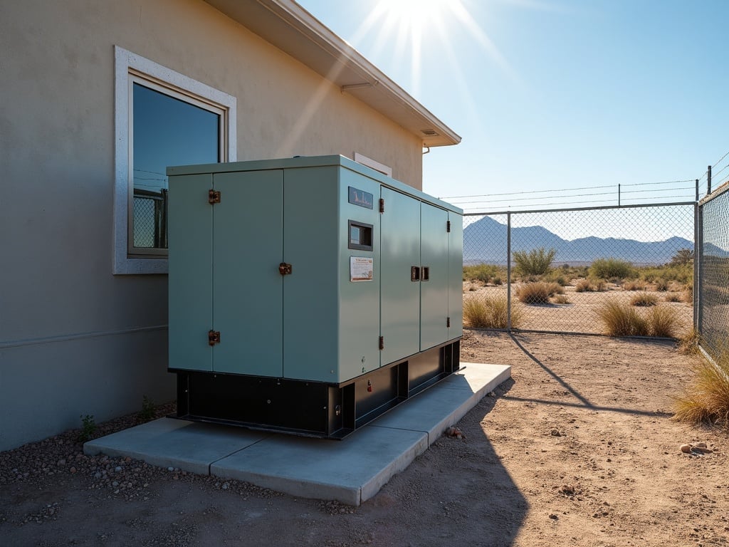 A large commercial diesel backup generators unit installed on a concrete pad behind a Phoenix area business building ready for emergency power