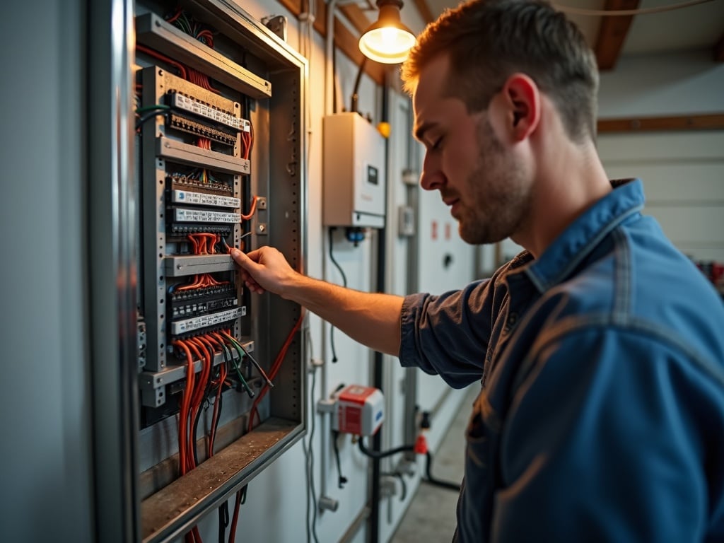 Room Addition Electrical A professional electrician upgrading an electrical panel to support room addition electrical wiring and circuits in an upscale Scottsdale home.