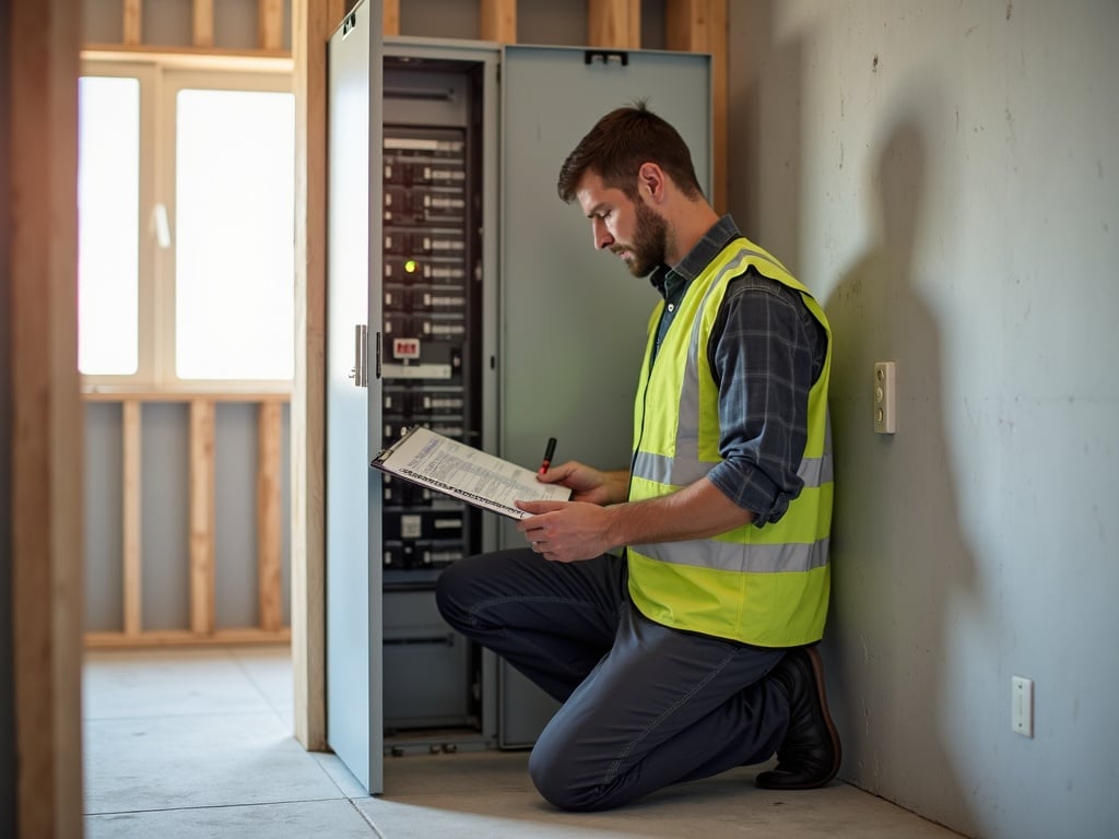 An electrician reviews a panel circuit schedule during a build out electrical for commercial space project inside a completed Maricopa County office build-out