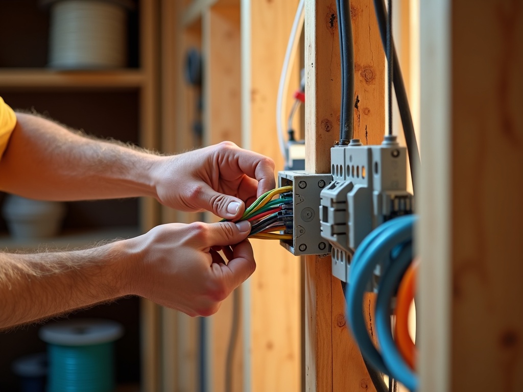 New Construction & Remodeling Electrical An electrician carefully routing conduit and wiring through a framed wall during a new construction and remodeling electrical rough-in installation.