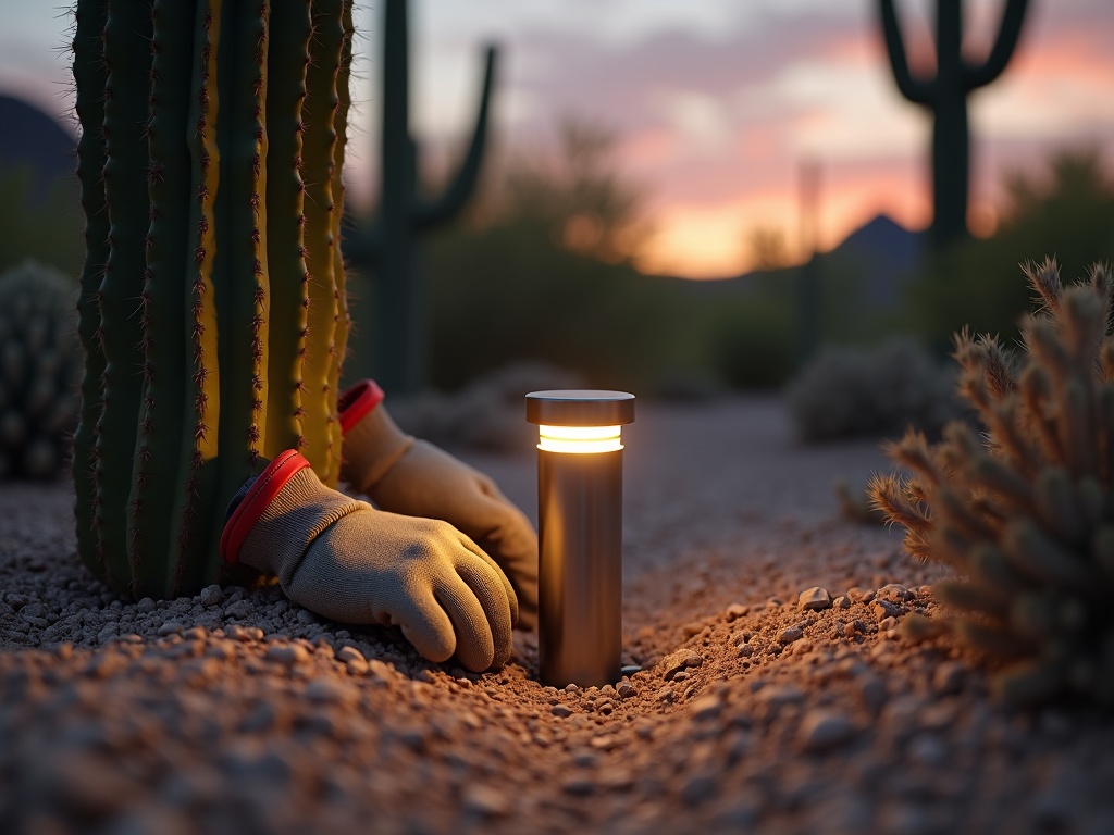 A weatherproof LED uplight fixture positioned at the base of a desert cactus as part of a professional landscape & pathway lighting installation in Maricopa County, Arizona
