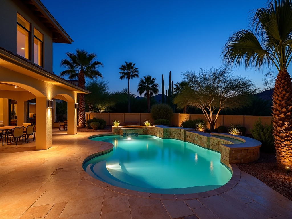 A Scottsdale backyard pool deck and outdoor kitchen illuminated by a professionally designed landscape & pathway lighting installation featuring tree-mounted downlights and soffit LED fixtures