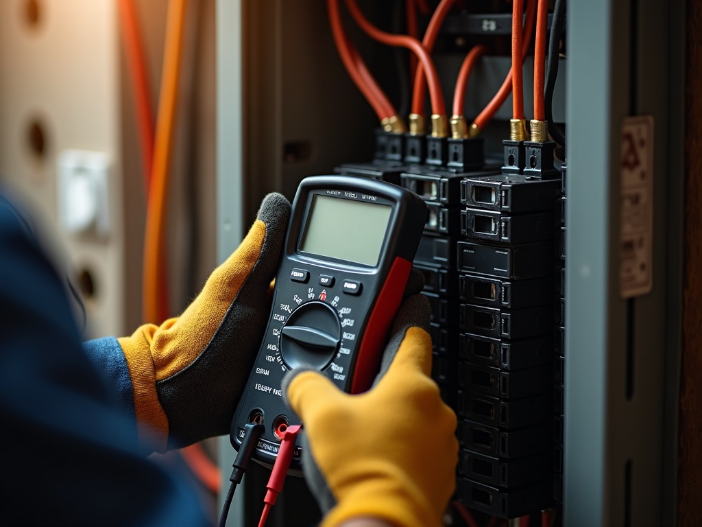 A licensed electrician using a digital multimeter to diagnose the cause of power loss and outage electrical repairs needed in a Maricopa County residential panel