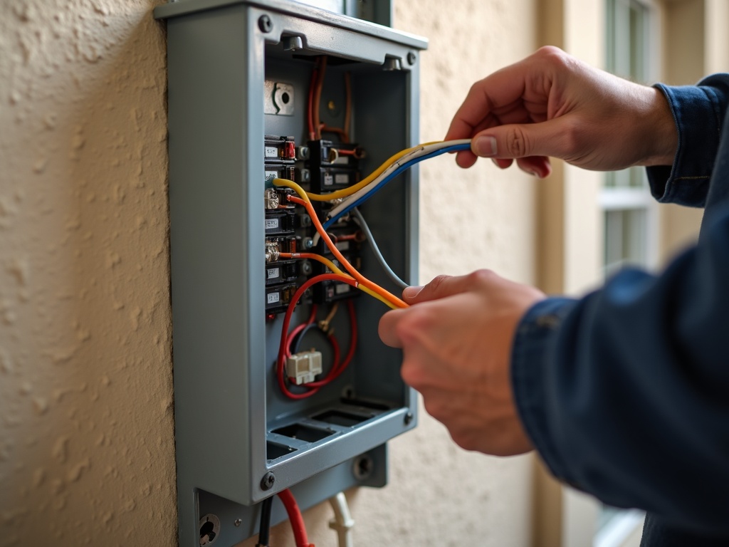 A professional electrician carefully wiring a new residential breaker panel during a fuse box to breaker panel conversion at a Scottsdale area home