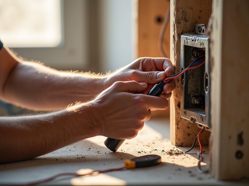 Outlet & Switch Repair & Installation Close-up of a technician's hands carefully wiring a new receptacle during a professional outlet and switch repair and installation service call