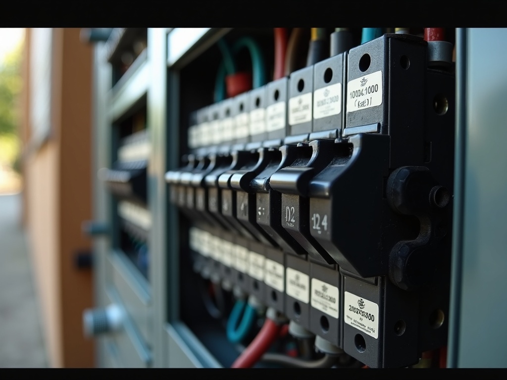 Close-up of labeled arc-fault circuit interrupter breakers installed inside a residential electrical panel during an arc-fault protection electrical repairs and installation project in a Maricopa County home