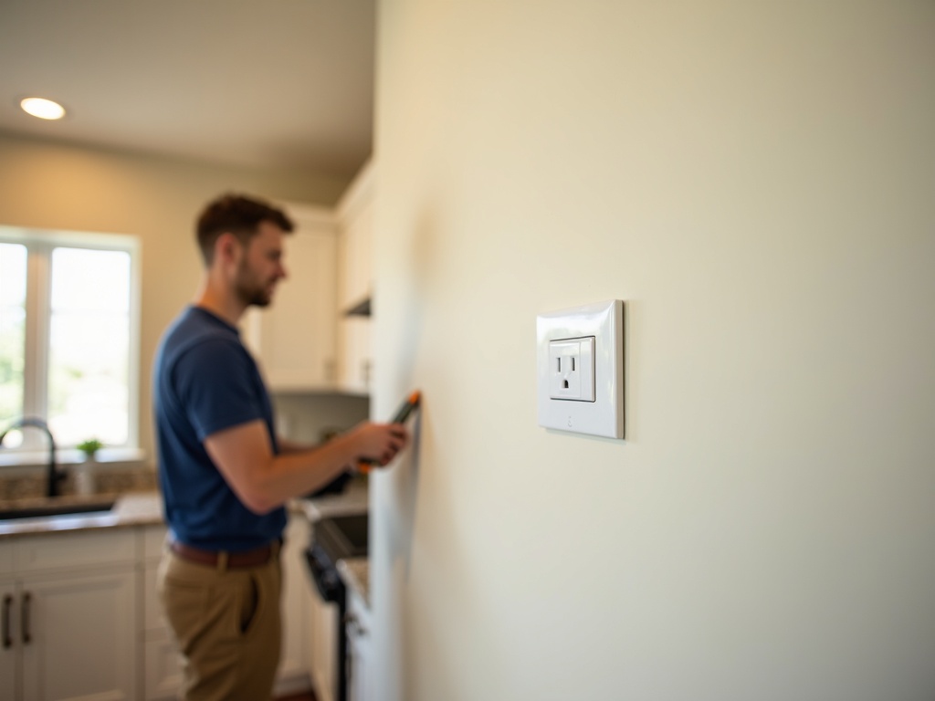 Breaker, Outlet & Switch Electrical Repairs A technician using a voltage tester during a breaker outlet and switch electrical repairs service call on a residential GFCI outlet in a Scottsdale kitchen