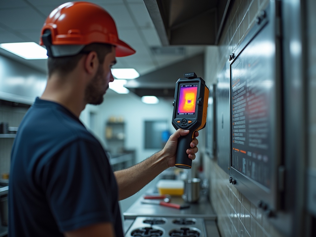 A commercial electrician using thermal imaging equipment during a preventative commercial electrical maintenance inspection in a Scottsdale restaurant.