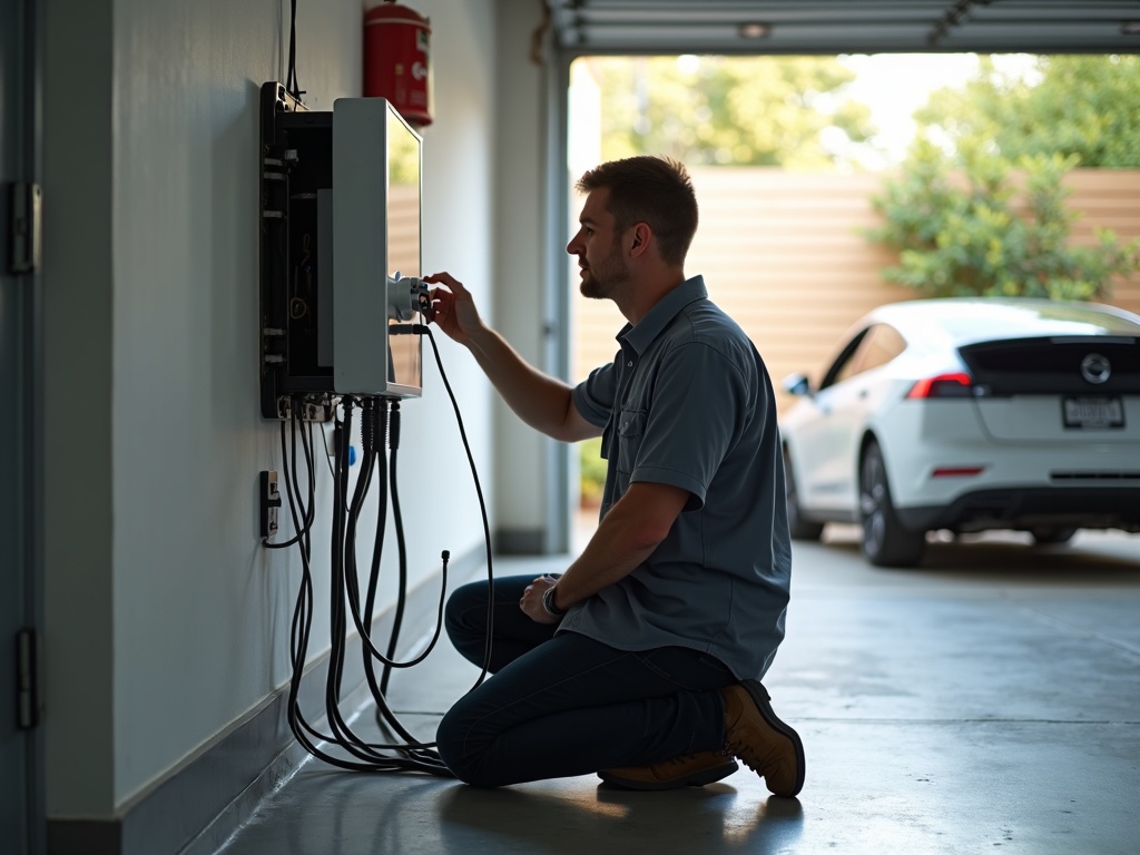 A technician performing surge protection installation for an EV charger circuit in a well-organized residential garage in Scottsdale