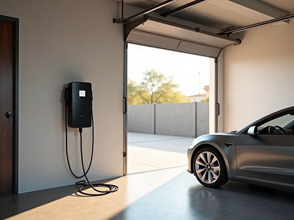 A newly installed Level 2 EV charger and dedicated sub-panel in a Scottsdale garage, part of a whole home power upgrade supporting a home EV charging hub setup.