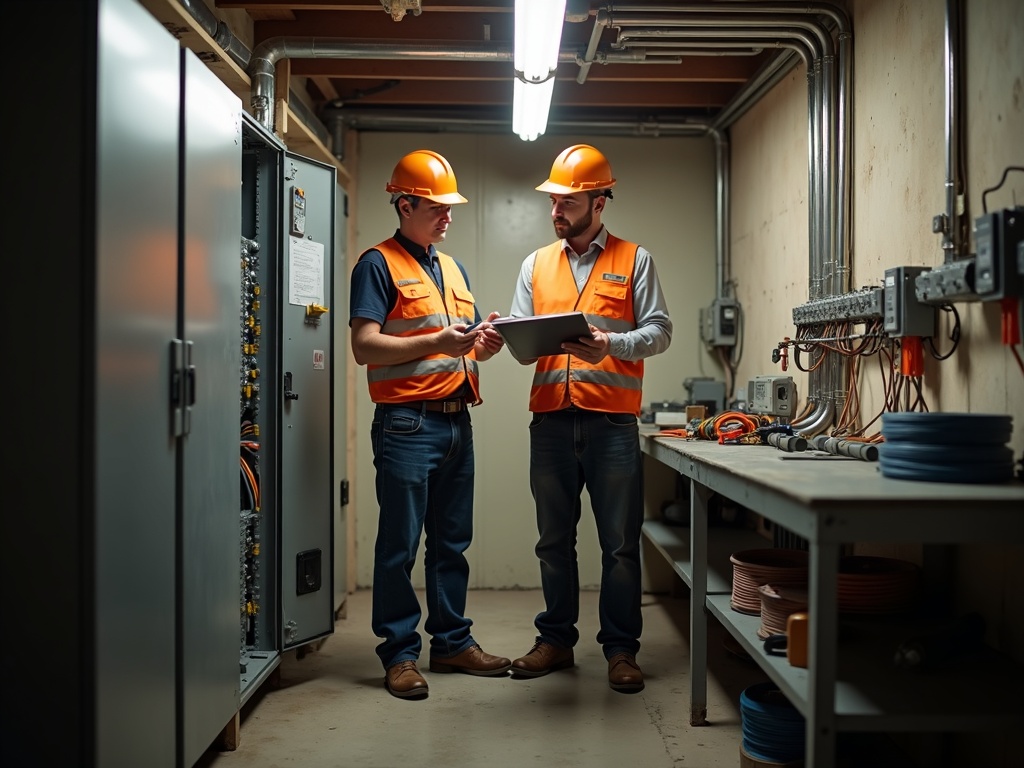 Two licensed electricians reviewing plans during a commercial panel upgrade project at a small business in Maricopa County Arizona.