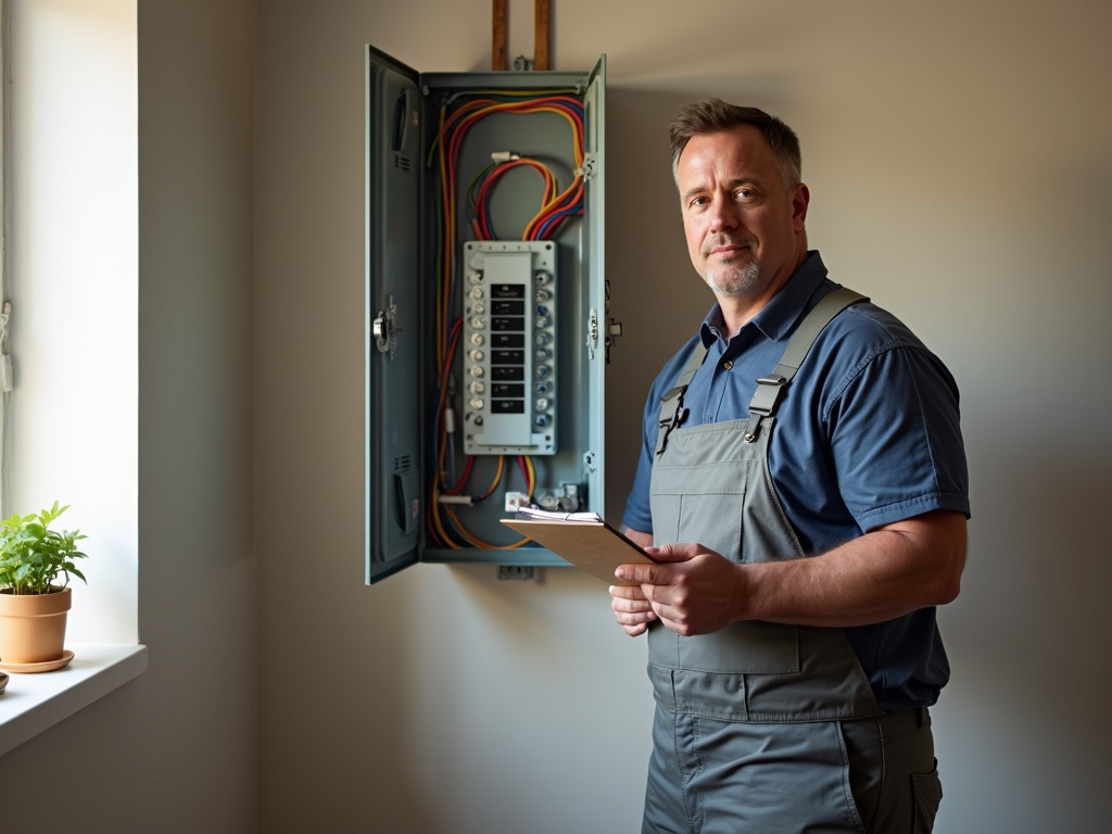Breaker, Outlet & Switch Electrical Repairs A professional electrician reviewing a fully serviced residential breaker panel after completing breaker outlet and switch electrical repairs in a Maricopa County home