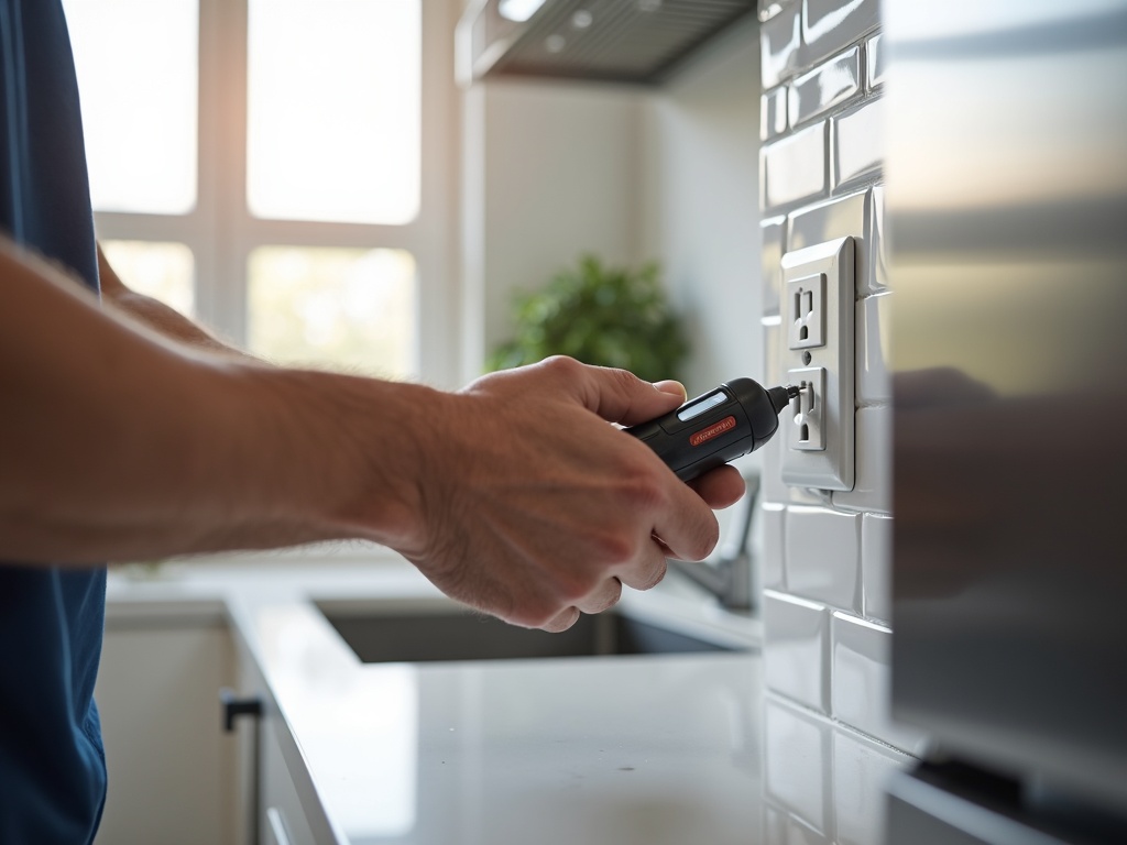 Electrical Safety Inspection & Repairs An electrician using a voltage tester on a kitchen outlet during a professional electrical safety inspection visit.